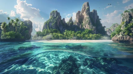  3D panoramic view of a deserted island from the sea showcasing the diverse landscapes from sandy beaches to rugged cliffs and dense jungle © JR-50
