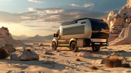 3D rendering of a modern sleek camper van equipped for off-road travel