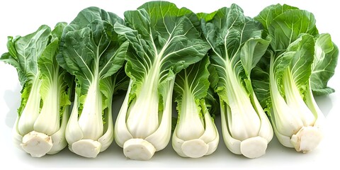 Lush and Serene Bok Choy Arrangement on Pristine White Background,Capturing the Essence of Leafy Tranquility and Culinary Wellness