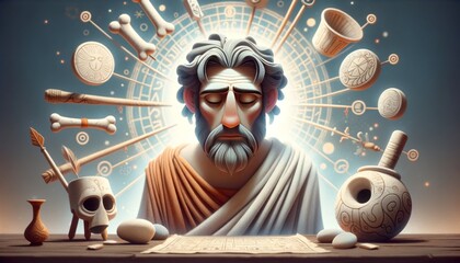 A whimsical, animated art style scene of Helenus, the Trojan seer, in deep contemplation or prophecy.