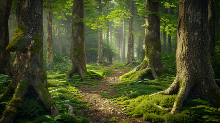 3D rendering of a rugged trail through a dense ancient forest