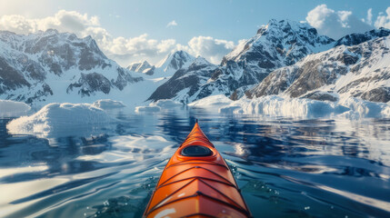 3D rendering of a sleek high-performance kayak cutting through icy waters