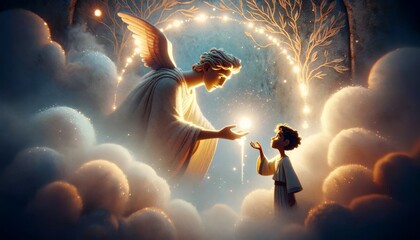 A whimsical, animated art style image depicting the moment Apollo, the Greek god, grants the gift of prophecy to Cassandra.