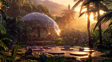 3D rendering of an eco-friendly retreat dome nestled in a lush rainforest the transparent structure allowing an immersive view of the surrounding greenery