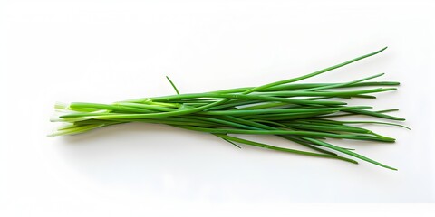 Fototapeta premium A vibrant bundle of fresh green chives sit atop a clean white background their slender stems and delicate leaves