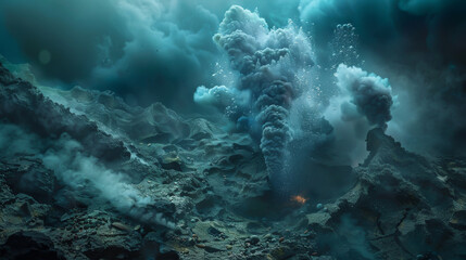 3D rendering of an underwater volcanic vent discovered by a team of scuba divers the vent releasing bubbles and heat - obrazy, fototapety, plakaty