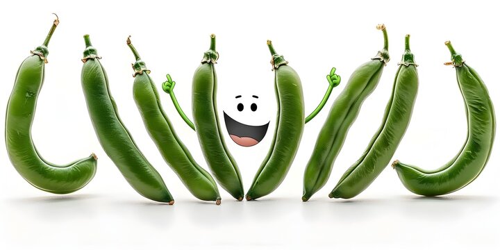 Green beans with a playful,jumping joy on a white background showcase the fresh,organic produce in a creative,whimsical