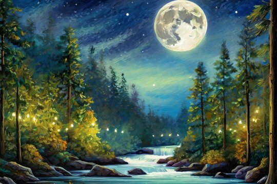 Create an oil painting-style image capturing a tranquil night scene in a forest with a casca