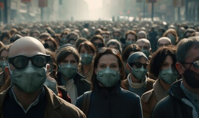 Crowd of people in medical masks against virus.