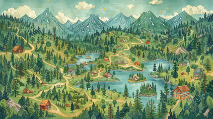 An illustrated map of a famous hiking trail such as the Appalachian Trail - obrazy, fototapety, plakaty