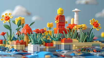 lego figure adventurer on a flower field, concept of summer activity for kids, outdoor fun