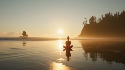 The setting sun casts a warm glow over the beach and the woman sitting in meditation on the sand.