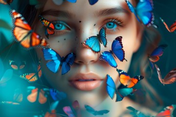 Human mind with flowers and butterflies growing positive thinking, creative mind, self care and mental health concept. Generative AI.