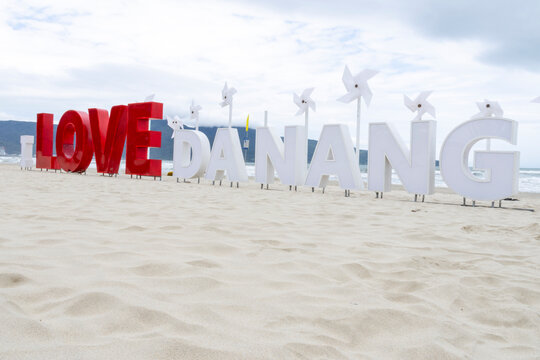 I love Danang signage located on the My Khe beach in Danang, Vietnam