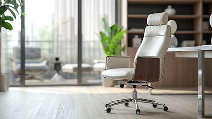 Modern office interior with a comfortable white leather chair on a wooden floor.