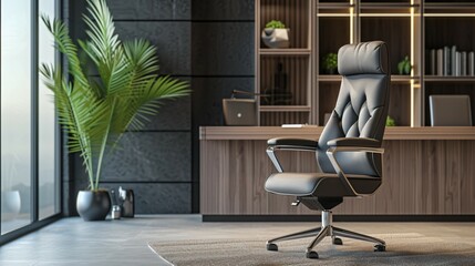 Modern office interior with a comfortable leather chair, a desk, and a plant. The room is decorated in a dark color scheme with wood accents.