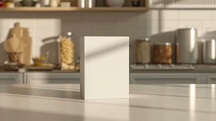 A minimalist product shot of a blank white box on a kitchen counter.