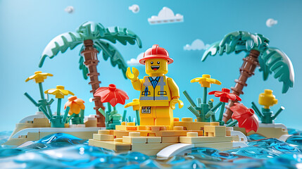 lego figure adventurer on an island with palms, concept of summer activity for kids, outdoor fun - obrazy, fototapety, plakaty