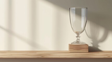 3D rendering of a transparent glass trophy on a wooden podium against a beige background. The trophy is in the shape of a wine glass and is empty.