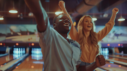 A man and woman cheer at a bowling alley - obrazy, fototapety, plakaty
