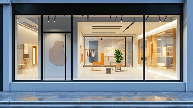 The storefront has a large glass window on the left surrounded by black frames, the right side has 3 smaller windows, the interior of the store is bri