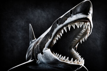 Shark with large jaws and teeth, dark background. 