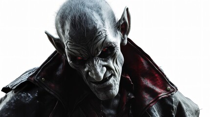 Vampire with red glowing eyes. He has pale skin and sharp teeth. He is wearing a black leather jacket.