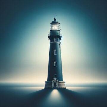 A detailed image of a solitary lighthouse standing tall against a dusky blue sky.