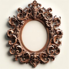 An image of an ornate oval picture frame in the Baroque style, featuring heavy, intricate carvings and baroque style motifs such as swirls, lea. - obrazy, fototapety, plakaty
