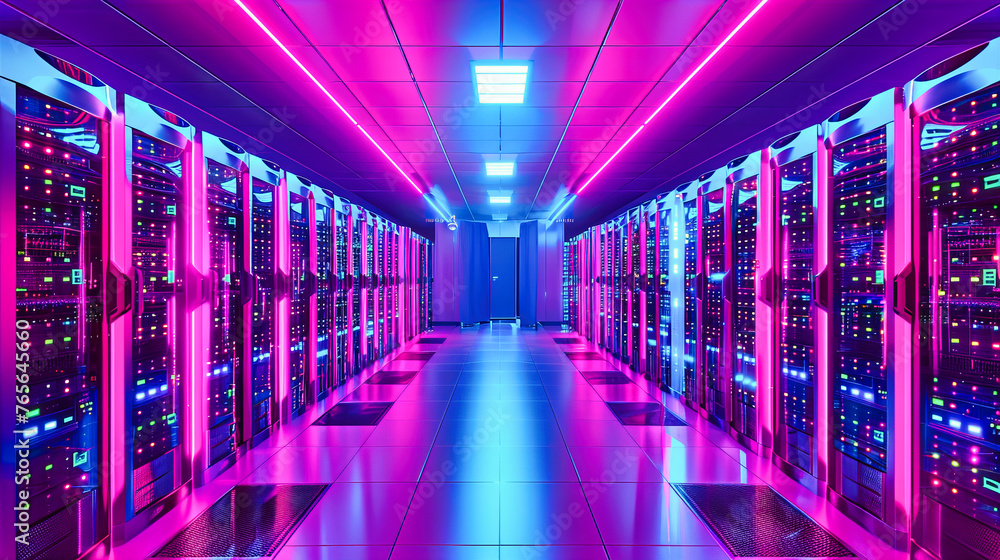 Poster modern datacenter interior with server racks and networking equipment, representing the core of toda