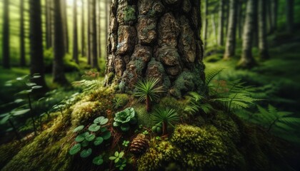 Fototapeta premium A close-up view of a tree trunk in a dense forest, capturing the intricate details and textures of the bark with moss and small plants growing at its .