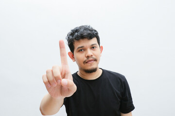 an asian showing no gesture with pointing his index finger