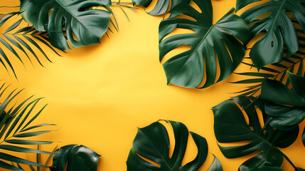 Fototapeta na wymiar frame background about monstera leaves on yellow