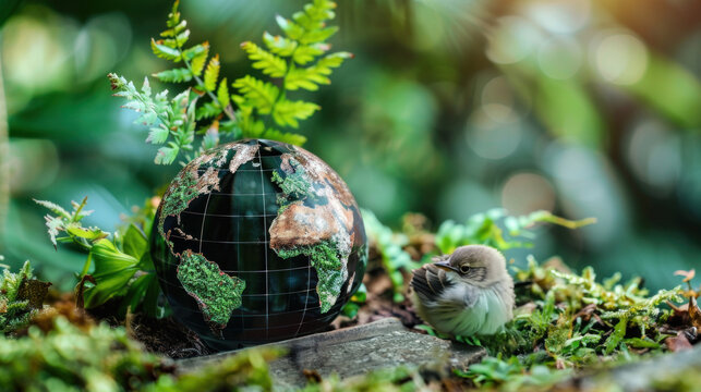 A small bird perches close to a globe covered in moss, depicting the delicate relationship between wildlife and planet Earth.