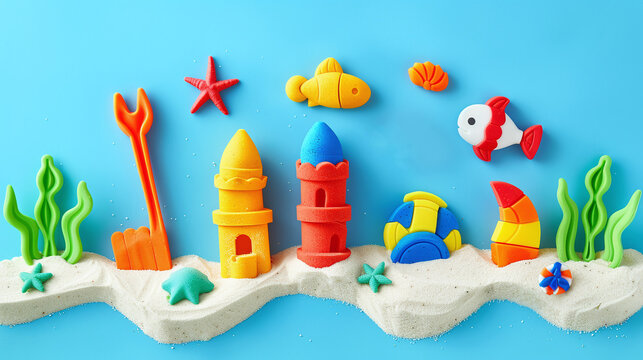 minimalist flat lay view of colorful rubber beach toys, sand castles, on light blue background, fun summertime for kids