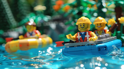 toy figures on boats on wild adventure at the river, concept of fun outdoor activity, ecotourism