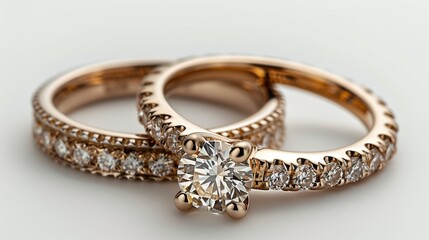 gold engagement ring and gold band on a white background 