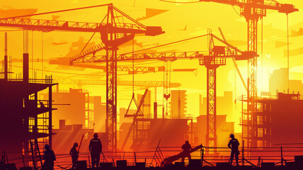 Abstract portrayal of a construction site in vector form, with bold silhouettes of workers and cranes against an orange and yellow sky, reduced to geometric forms