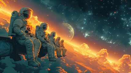 An illustration in vector style of a group of astronauts sitting on a satellite beam in space,...