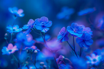 Close up of blue flower with blurry background.