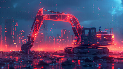 An isometric vector illustration of heavy machinery at work, featuring an excavator in a simplified, stylized form. Include a grid-based ground plane to represent the construction site