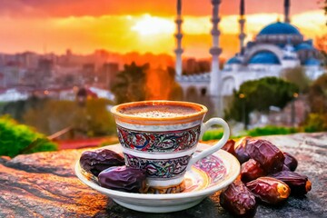 A cup of Turkish coffee in the garden at a high angle with Medjool dates and a mosque - obrazy, fototapety, plakaty