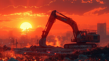 Dynamic view of an excavation machine at work, its boom and bucket against the backdrop of a busy construction site bordered by the silhouette of a growing city - obrazy, fototapety, plakaty