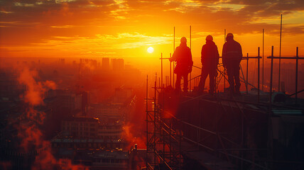 Laborers cast as silhouettes on a building's framework, the sun's disk hanging low on the horizon...
