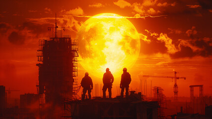 Fototapeta premium Laborers cast as silhouettes on a building's framework, the sun's disk hanging low on the horizon behind them, amidst a sky streaked with gold and amber