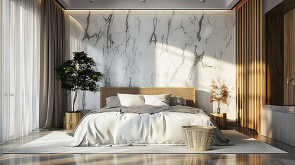 Modern Interior Design of a Comfortable Bedroom, White and Wood Elegance, Luxury Home or Hotel Room Decor