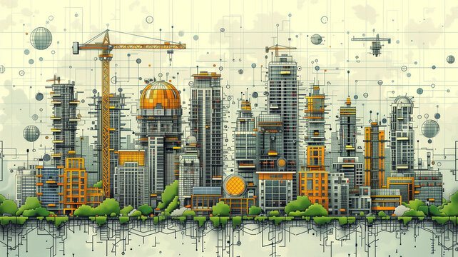 Illustration in crisp vector lines of construction workers on a lunch break, sitting atop a futuristic skyline with solar panels and eco-skyscrapers