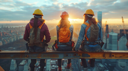 Women construction workers of diverse backgrounds taking a break on a steel beam, high above an...