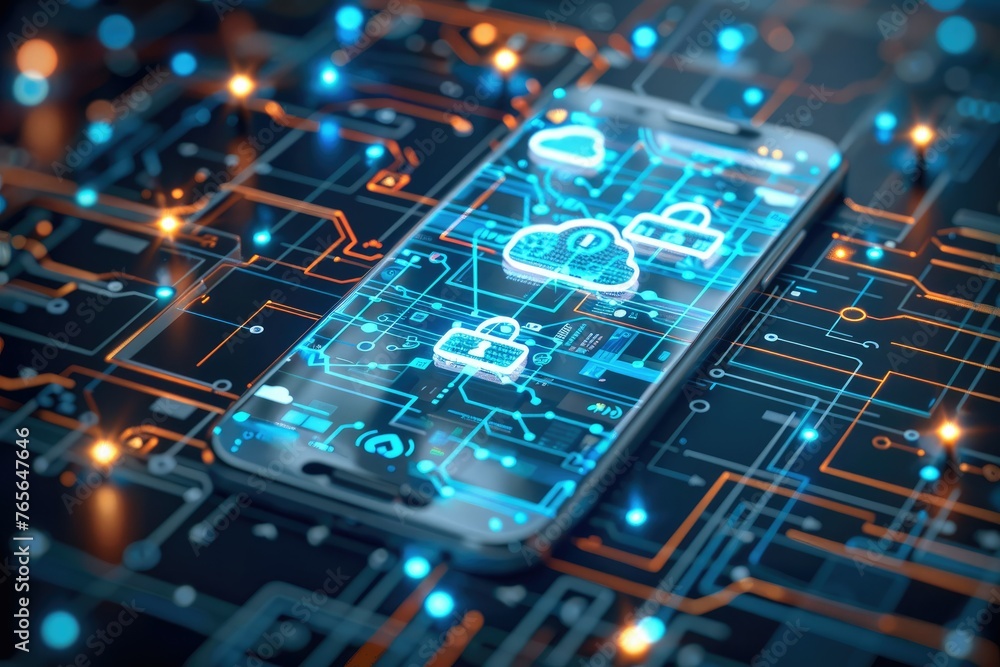 Poster A cybersecurity elements surrounding a mobile device, including lock icons, secure cloud, encrypted messages, sleek design. Generative AI.