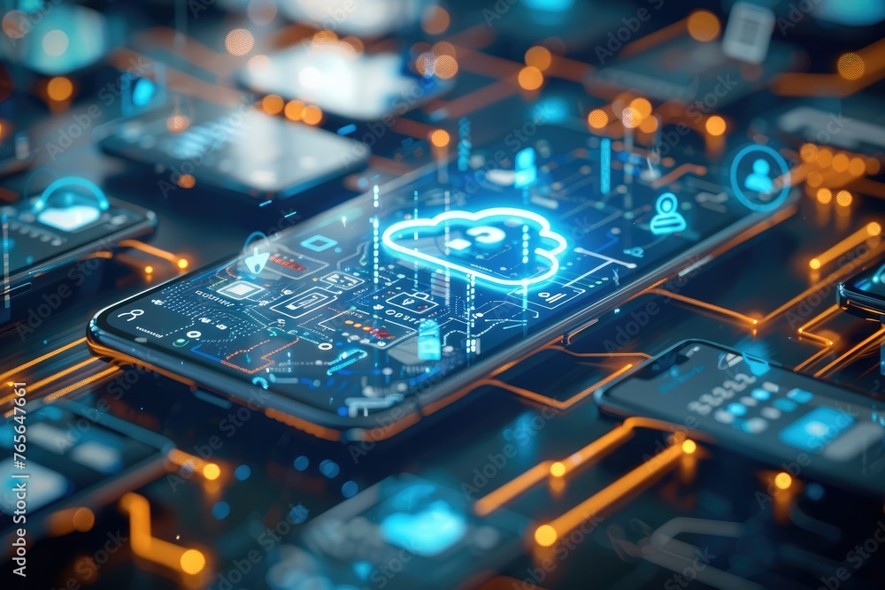 Poster A cybersecurity elements surrounding a mobile device, including lock icons, secure cloud, encrypted messages, sleek design. Generative AI.